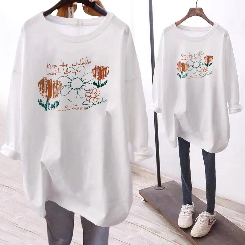 

Oversize White Pure Cotton Long Sve Women's T-irt Casual Thin Sle Korean Version Base irt for Autumn Season