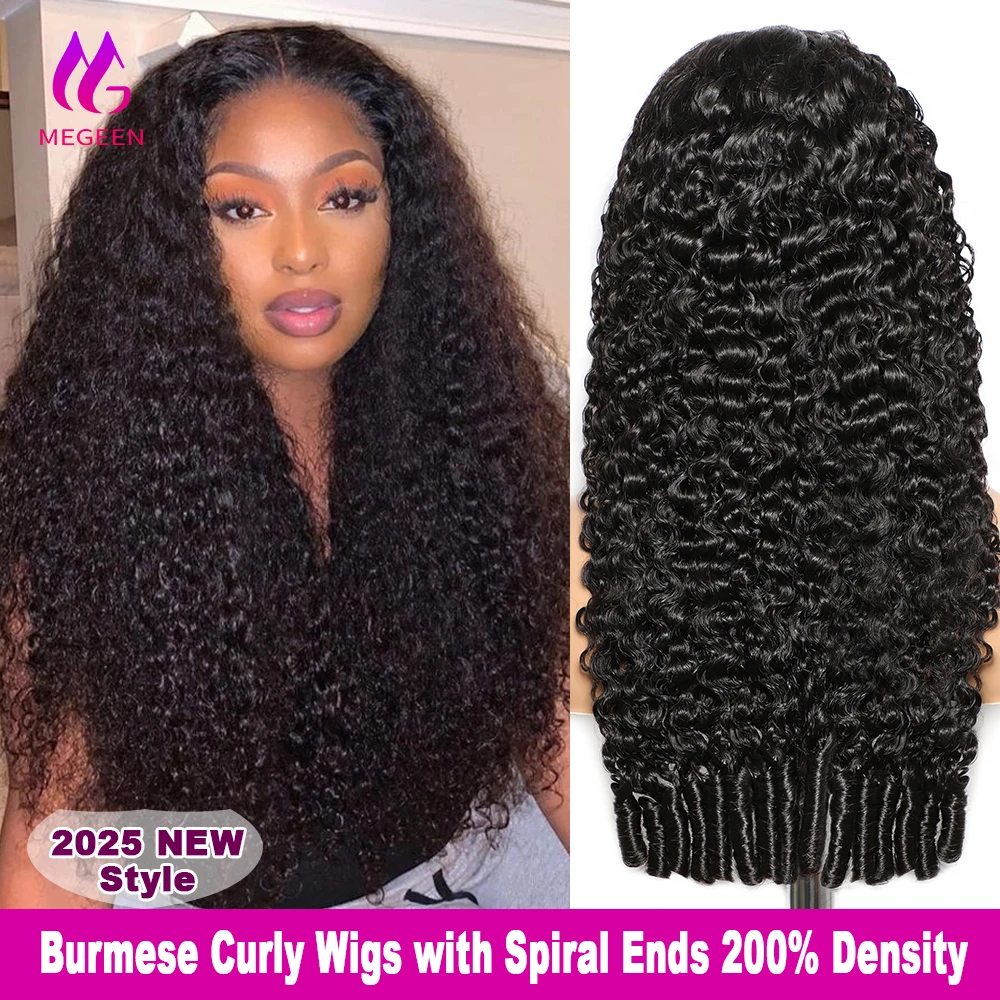 

Megeen Burmese Curly Wigs Human Hair 13X4 Full Lace Wig 13x6 HD Transparent Lace Frontal Wig 200% Water Wave Wig with Spiral End
