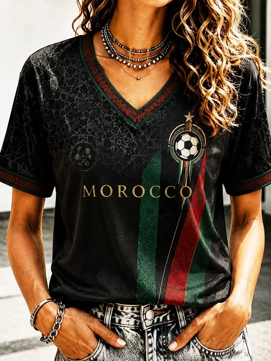 2026 New Morocco Soccer Jersey, Black with Traditional Geometric Print & MOROCCO Text V-Neck Casual T-Shirt FamilyMatching
