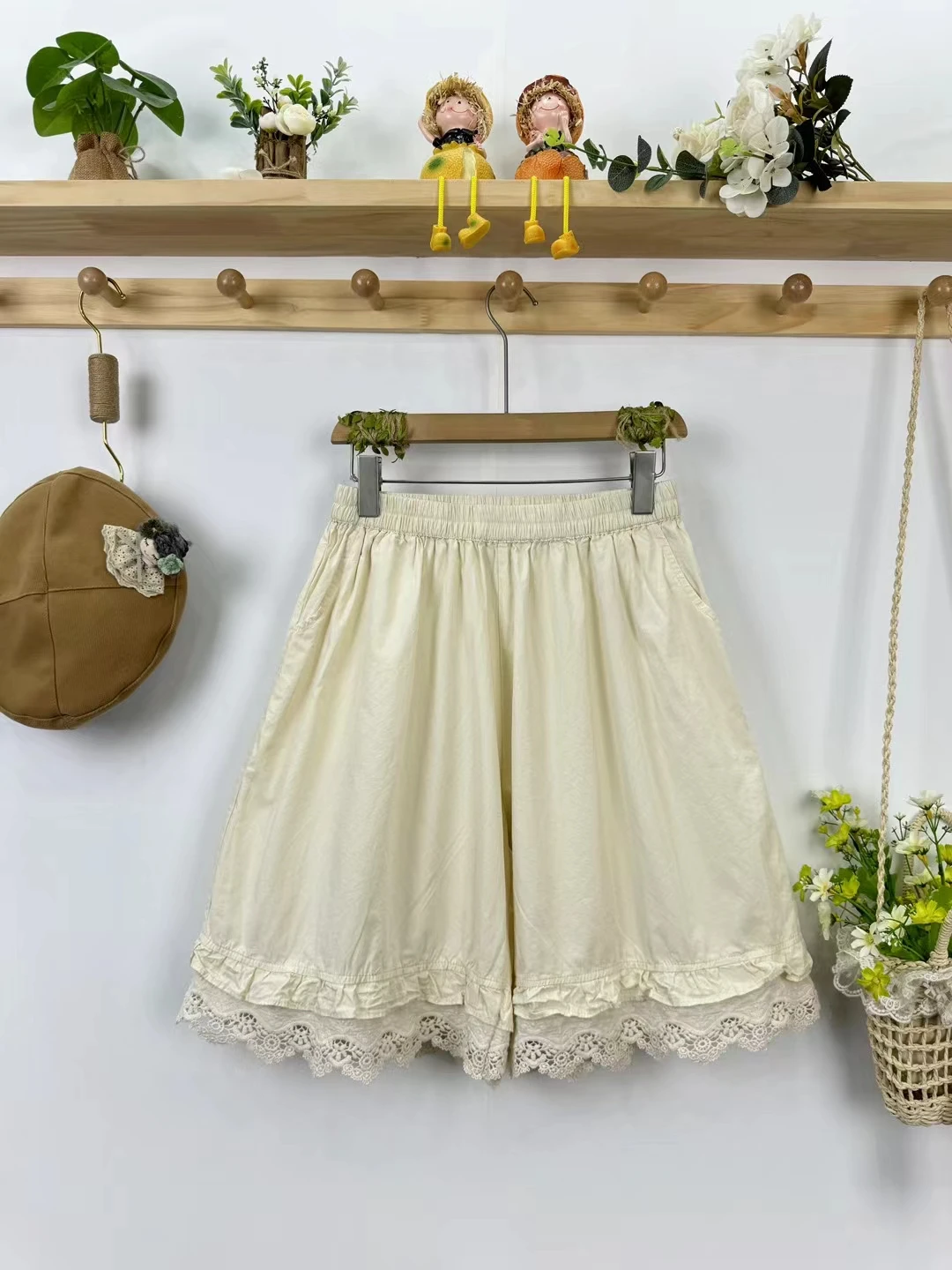 Shorts de bainha de algodão feminino, elástico na cintura, casual, doce, verão