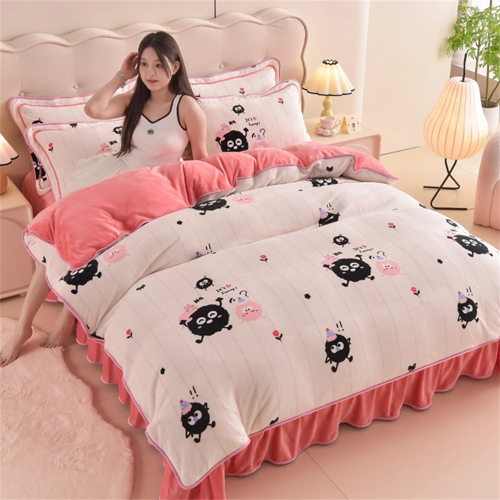 Winter Thickened Milk Fleece Bedding Set Double-Sided Coral Velvet Four-Piece Set Light Luxury Duvet Cover Pillowcase Bed Sheet