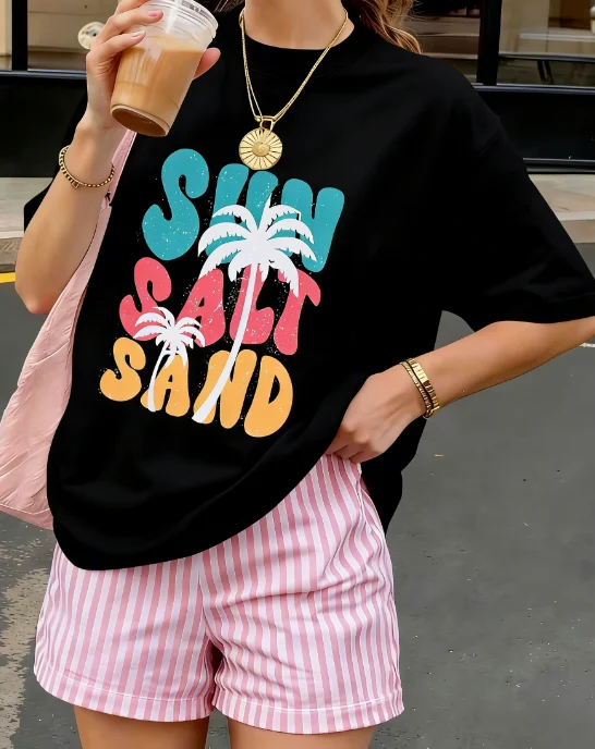 Sunshine Beach Printed T-shirt Summer Women's Home Clothing and Daily Wear Large Size Neutral Round Neck T-shirt