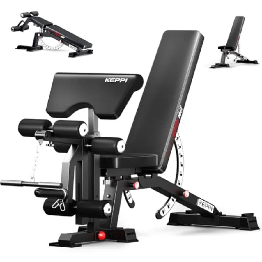 

Home gym weight bench with steel frame, black finish, 1200LBS capacity, flat/incline/decline adjustment, leg extension/curl and