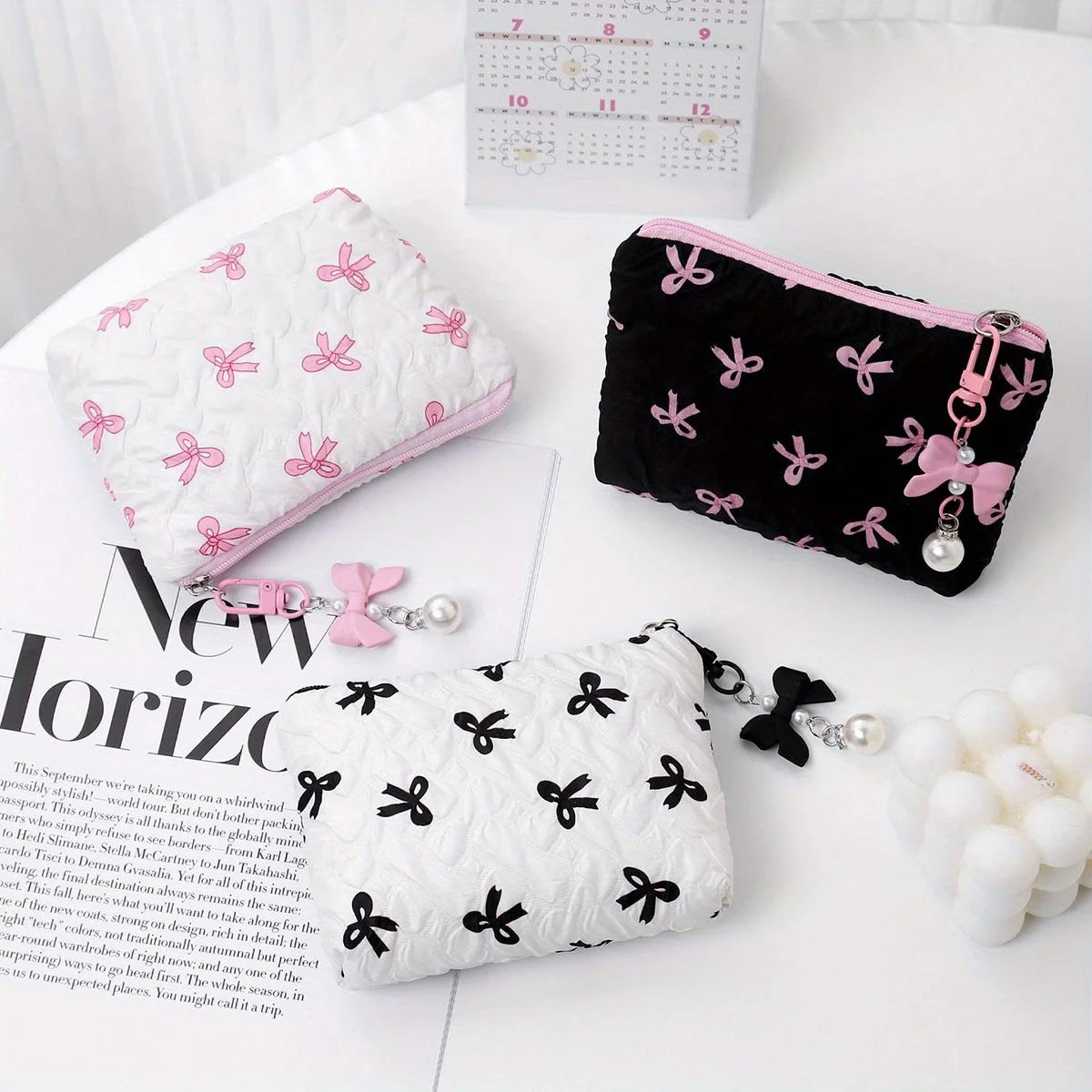 Embroidered Bow Makeup Bag, High Appearance Level, Coin Purse Storage Bag, Cute, Large Capacity, High-End Makeup Bag