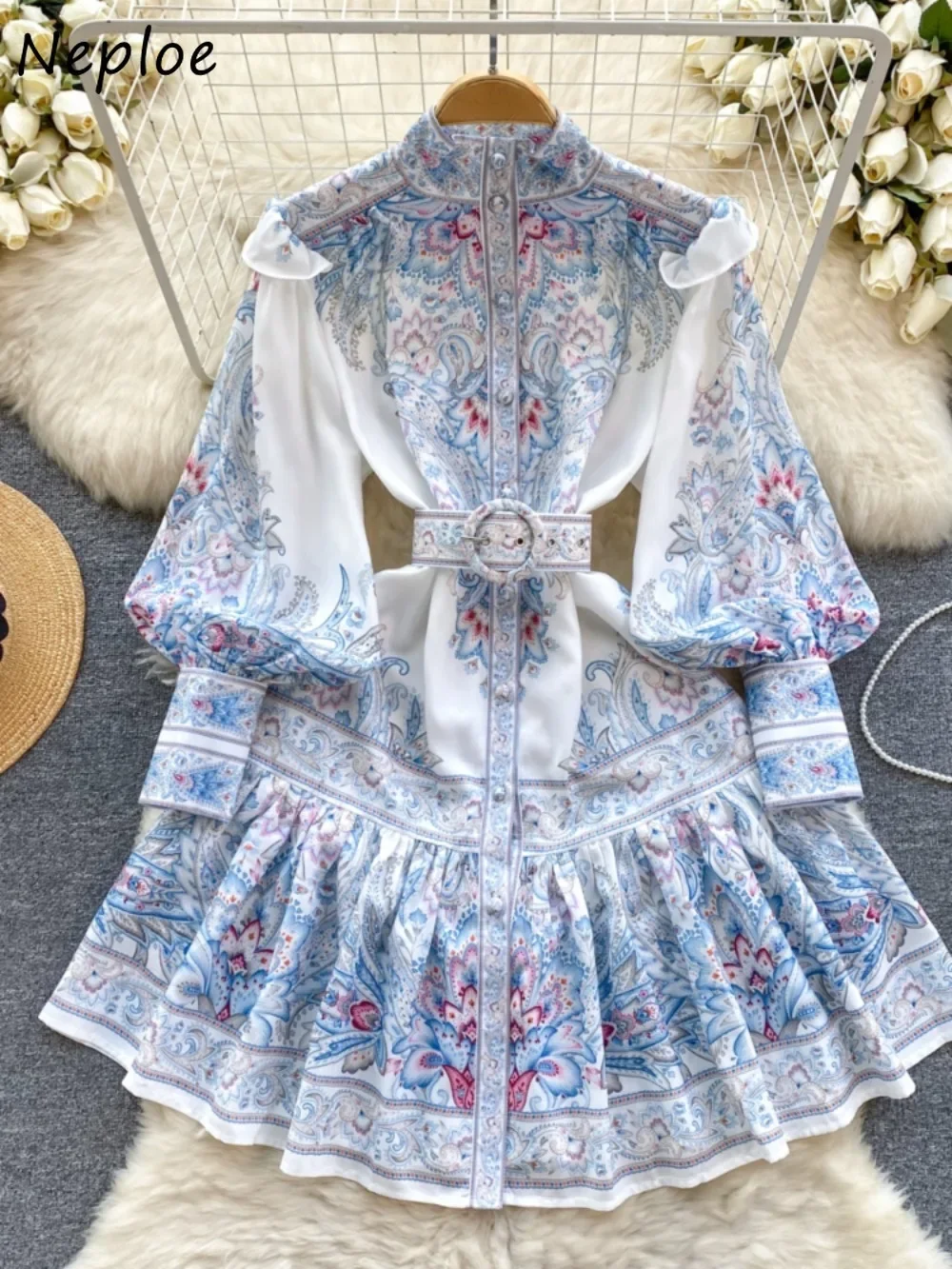 Neploe frische Stand kragen Laterne Ärmel elegante Mujer Gürtel Court getäfelte einreihige Kleid drucken süße Vinatge Femme Robe