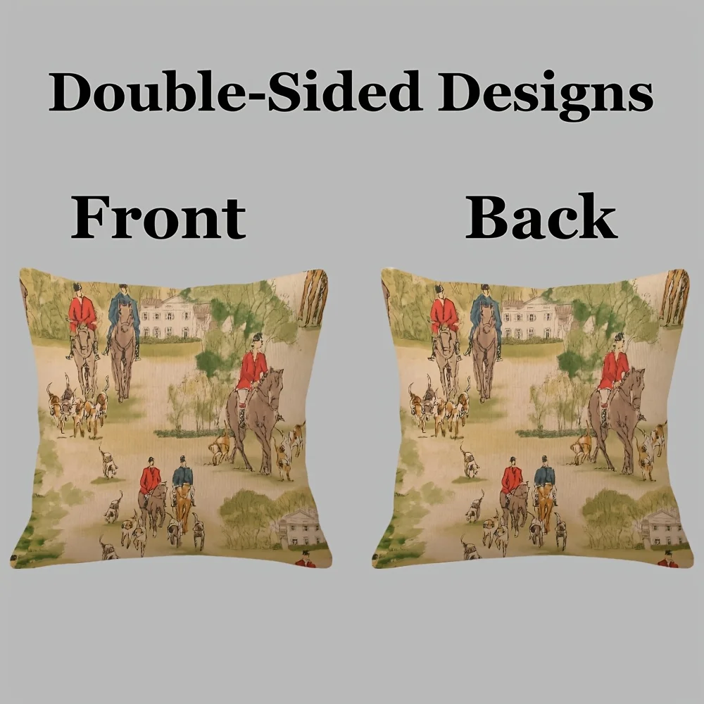 Traditional Horse and Hound Hunting Pillow Case Double-Sided Classic Scenes Decorative Cushion Cover, Vintage Style Home Decor