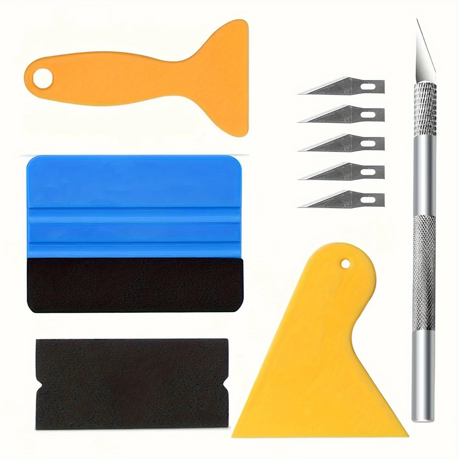 9pcs Vinyl Wraps Applicator Tool Includes Blue Felt Squeegee Safety Cutter Knife Silver Carving Knife 5pcs Spare Blades
