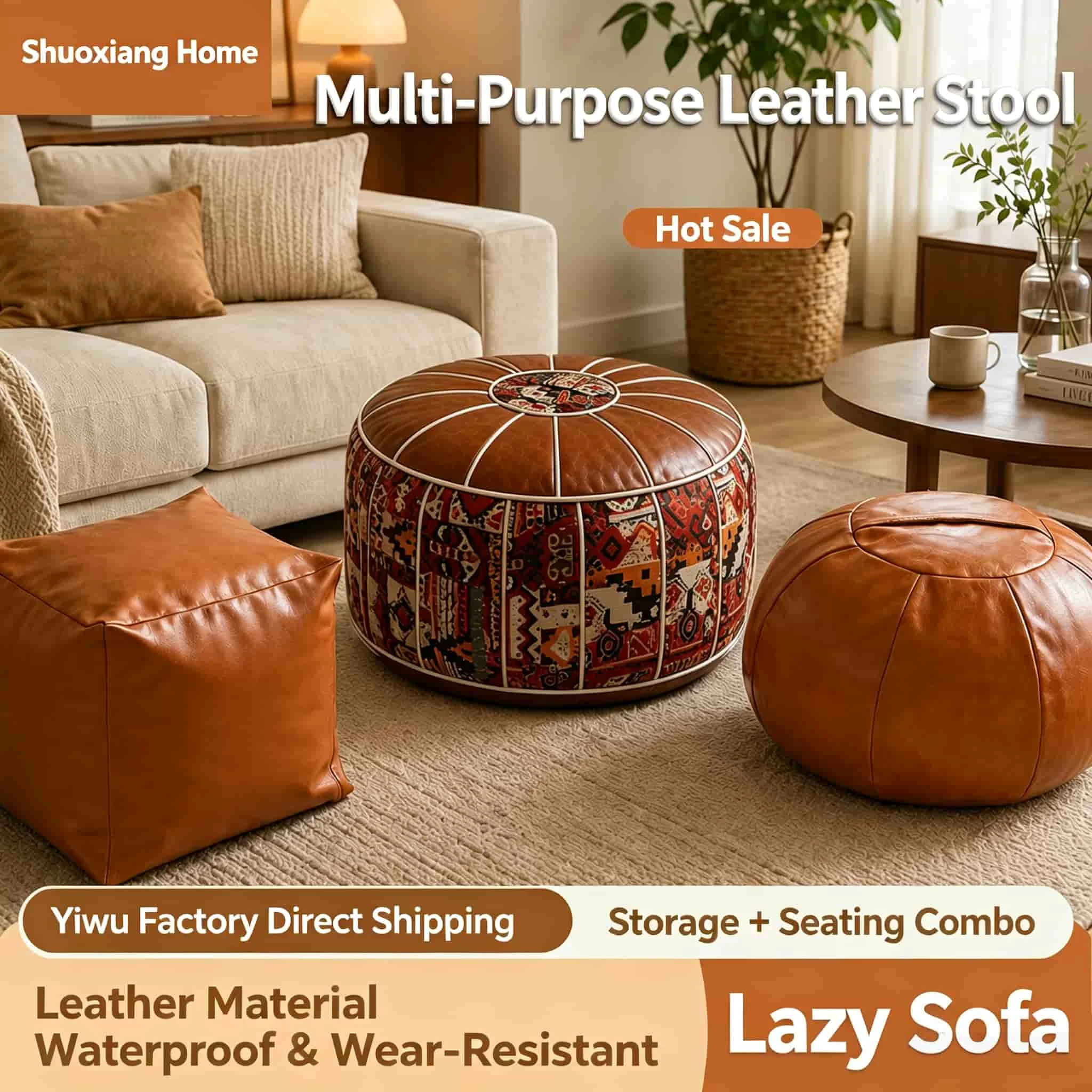 PU Leather Sofa Stool Cover Fillable Boho Style Storage Leg Bench Foldable Water Resistant Footstool Cover Seasonal Storage