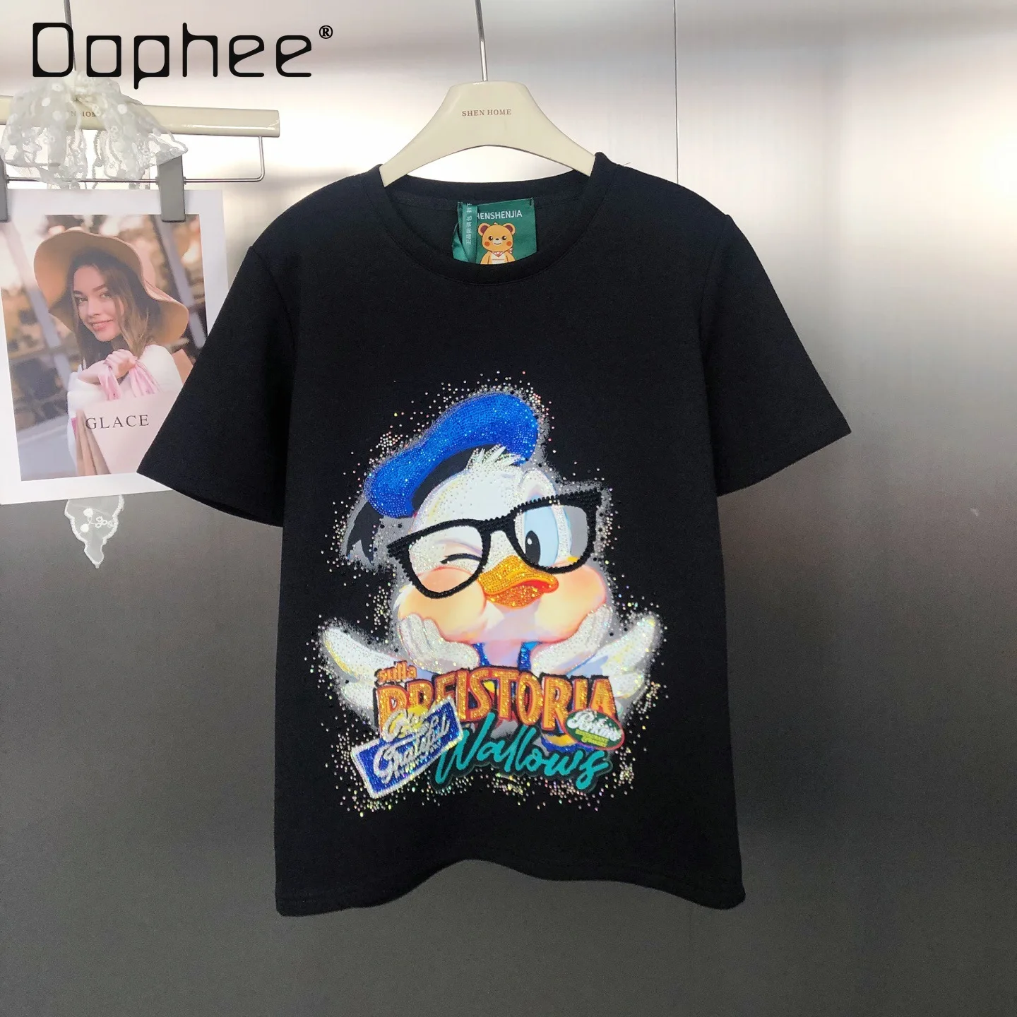 

New Trendy Brand Fashion Loose Cartoon Duck Rhinestone Print Loose Short Sleeve T-Shirt Tops Women Clothing
