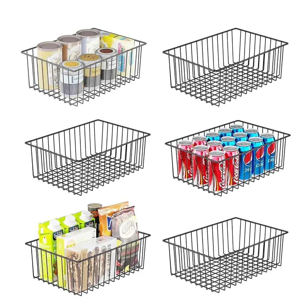 

6 Pa Large Wire Baskets For Organization, Metal Pantry Storage Baskets For Cabinet, Kitchen, Garage, Bathroom, Black