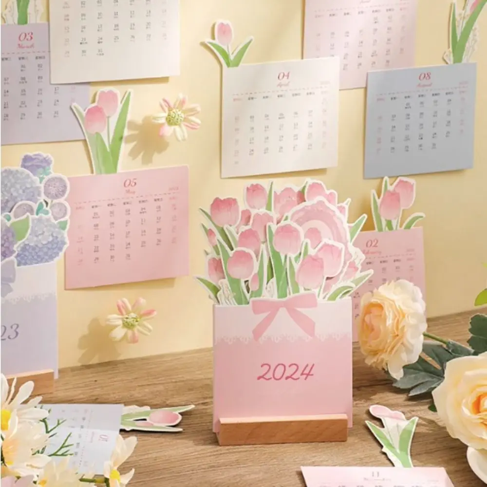 Rose Tulip Flower Flower Series Wooden Calendar Miniature Art Ornament Daily Schedule Planner 2024 Stand Flower Calendar