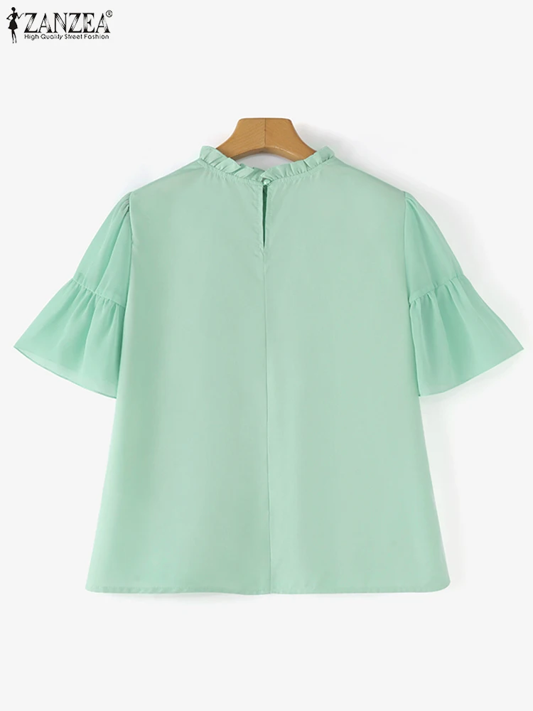 ZANZEA-túnica de manga corta con volantes para mujer, blusa Vintage elegante de malla transparente con cuello redondo, camisa de moda 2024