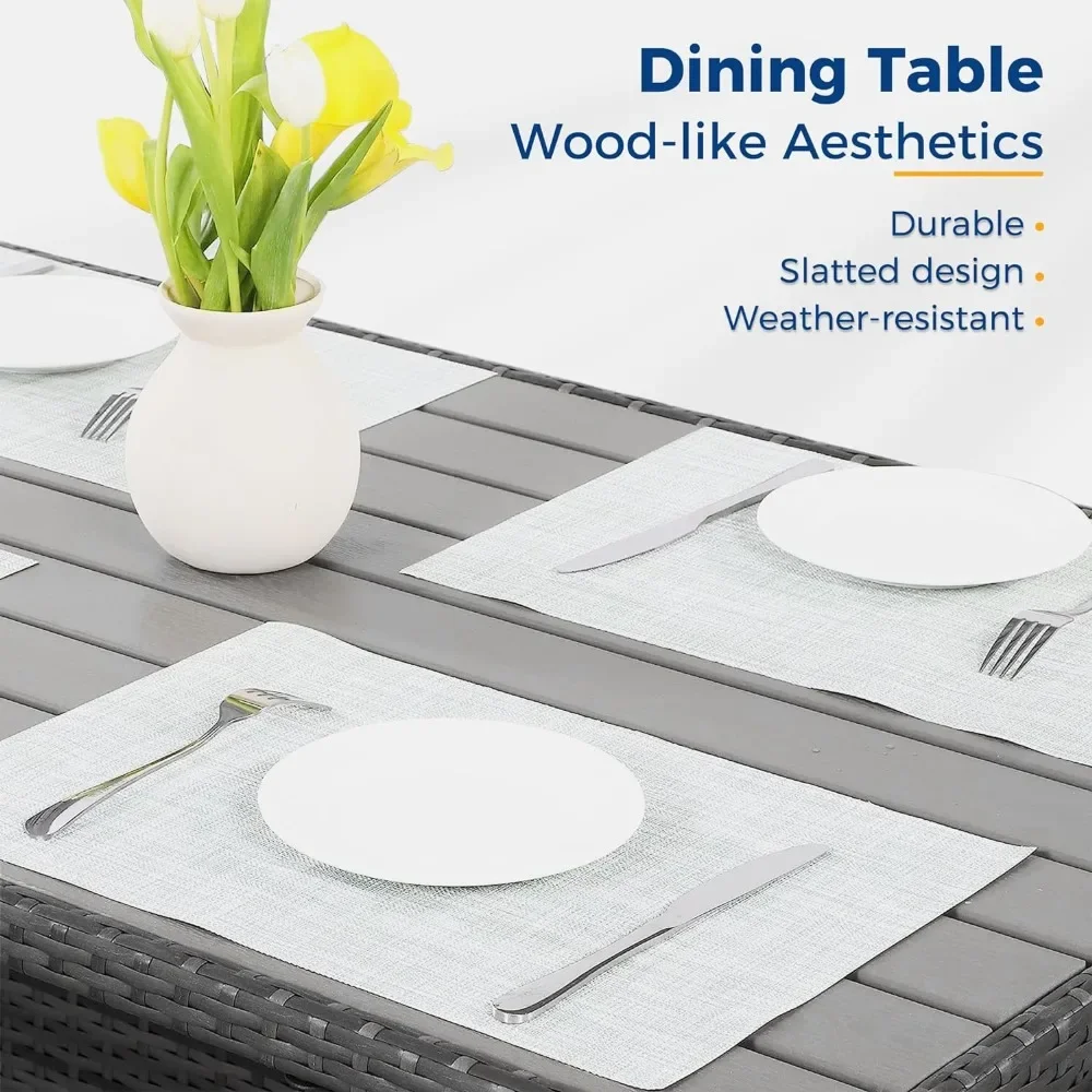 Vime Rattan Jardim Móveis Set, 7 Piece Set com Otomano, All Weather Tabela e Cadeira