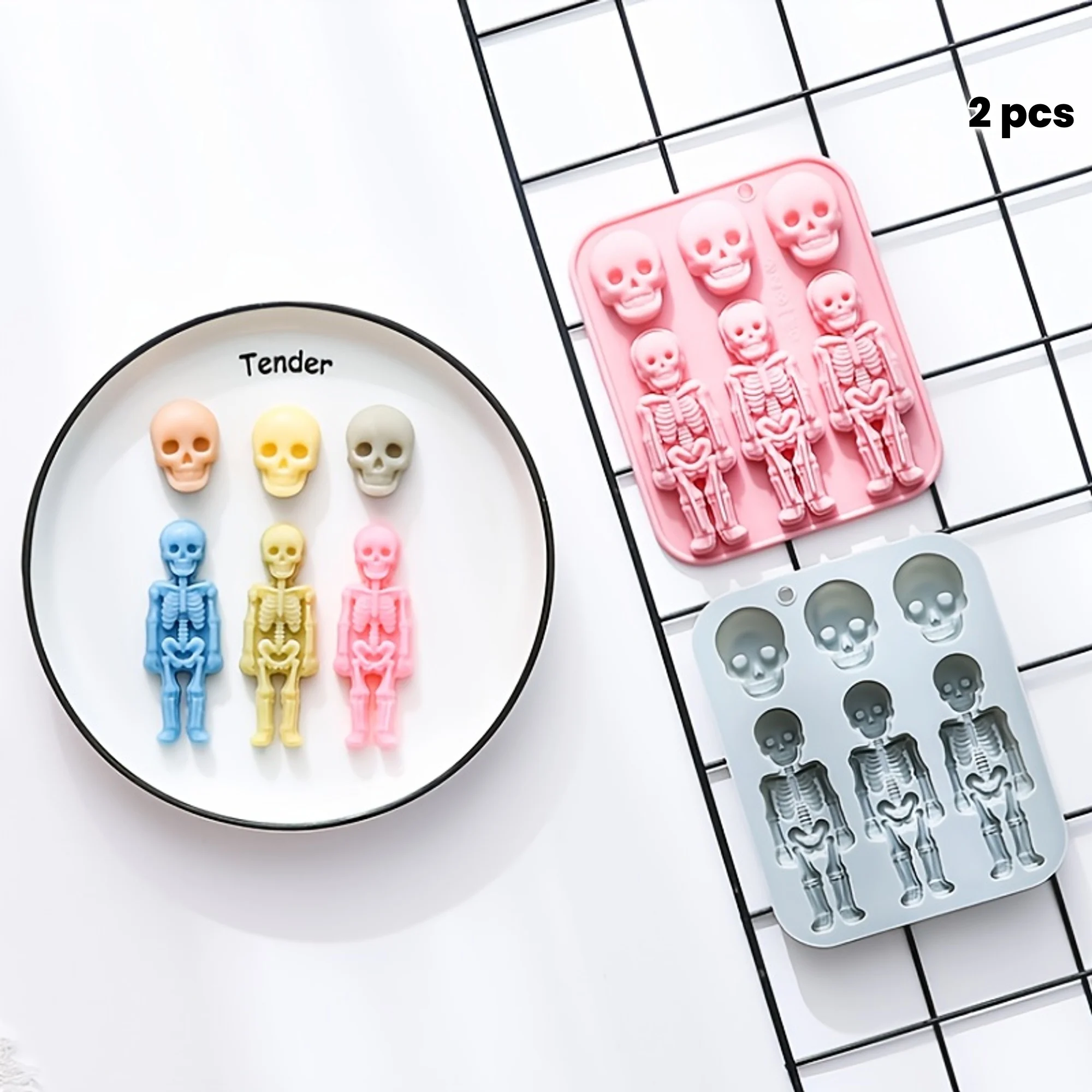 2pcs Skeleton Theme Silicone Baking Molds - DIY Candy, Chocolate, and Gumpaste Moulds in Blue and Pink, Perfect for Halloween