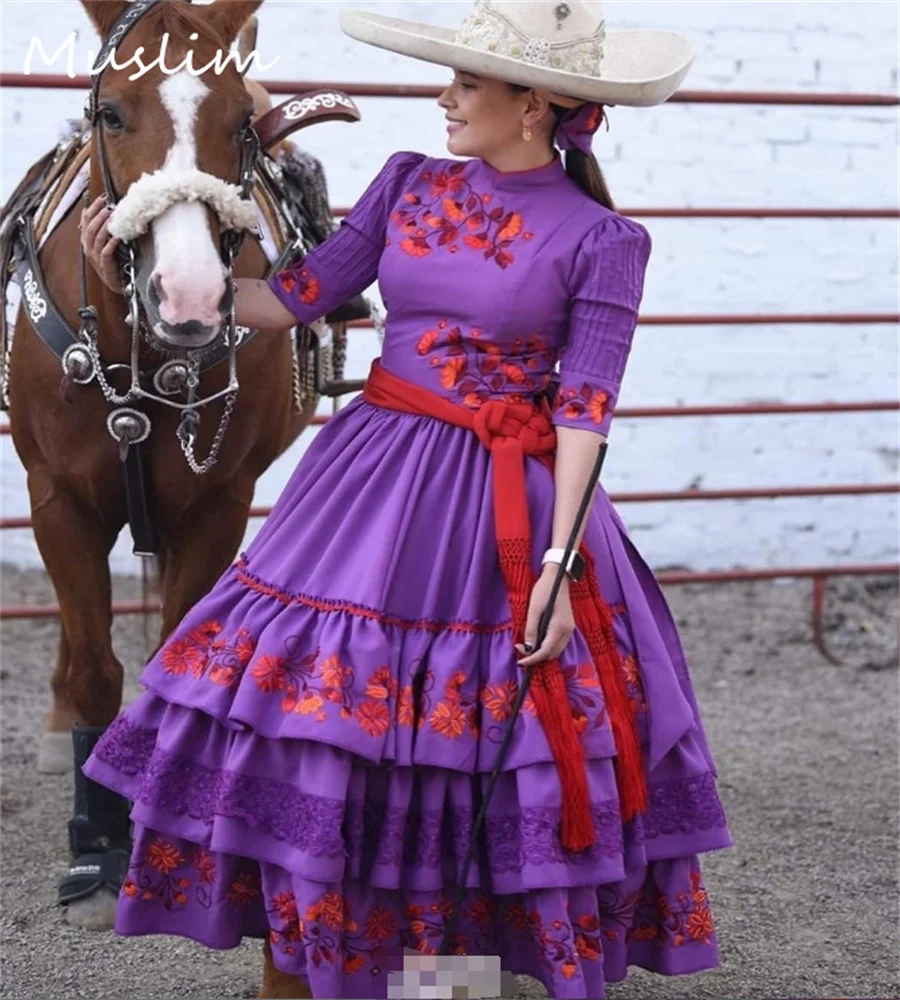 Folklorico Mexican Purple Prom Dress Costume Jalisco Lace Escaramuza Evening Dress Embroidery Birthday Mariachi Party Customized