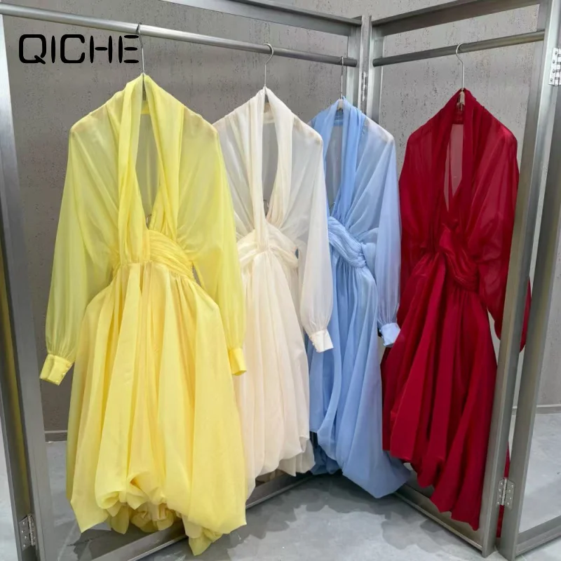 QICHE 2026 Women V‑Neck Vintage Elegant Long Puff Swing Dress Slim Fitted Fashion Ladies Outfit