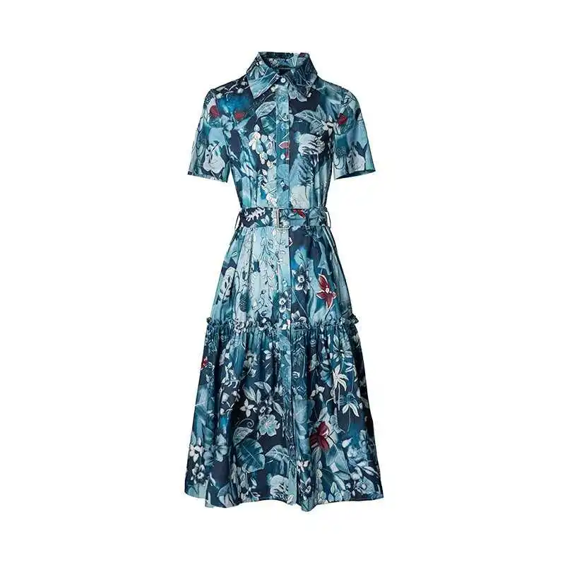 

Spring Summer New Blue Pure Cotton Direct Print Loose Midi Dr Women's Commute Sle mid Waist ort Sve Floral Dr