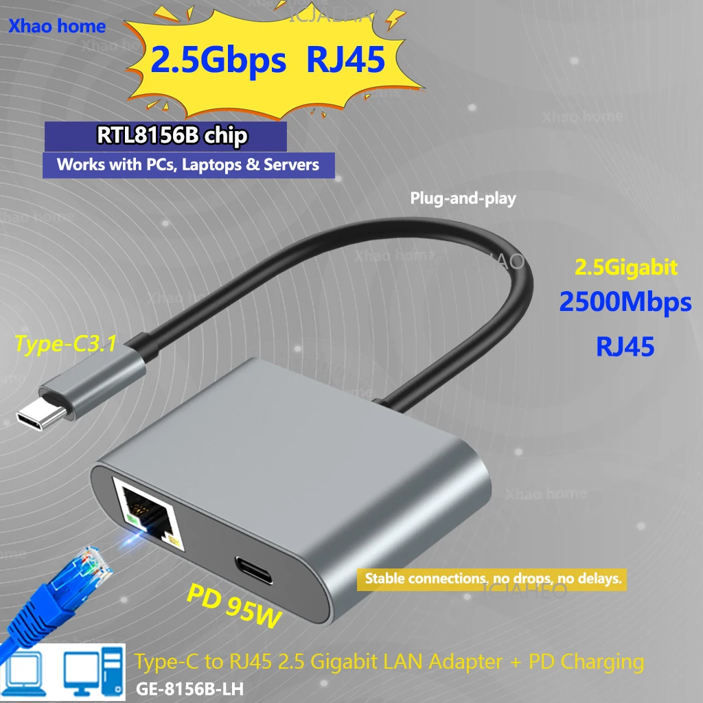2500Mbps USB C To Ethernet Adapter 95W PD Type-C Charging Port  2.5Mbps RJ45 Network Adapter for Laptop PC Network Cark RTL8156B