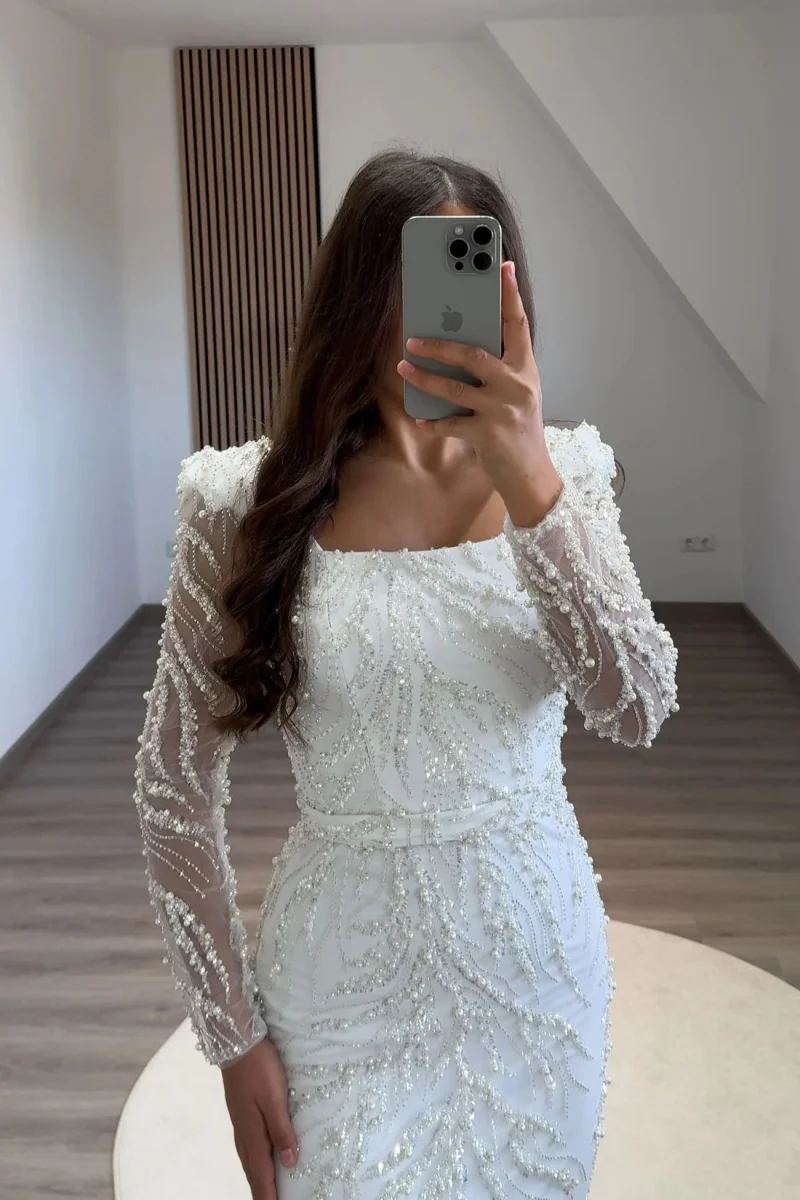 Jessica-Robe de mariée arabe blanche pour dames, tulle perlé de luxe, robes de Rh, manches longues, élégantes, personnalisées, 2025