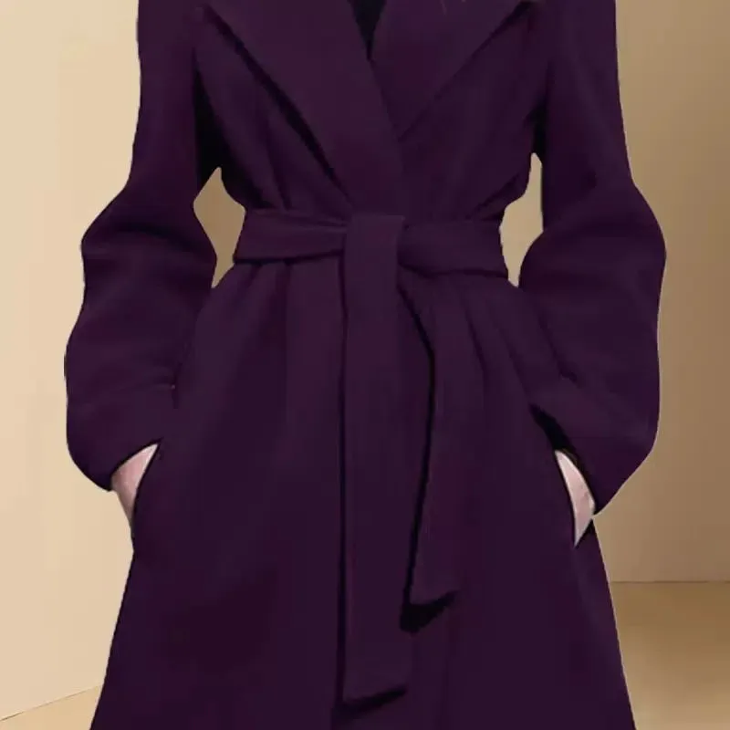 Fashion Purple Woolen Coat Women 2022 Autumn Winter Coats Overcoat New Waist Belt Woolen Trench Coat Female Elegant Outerwear