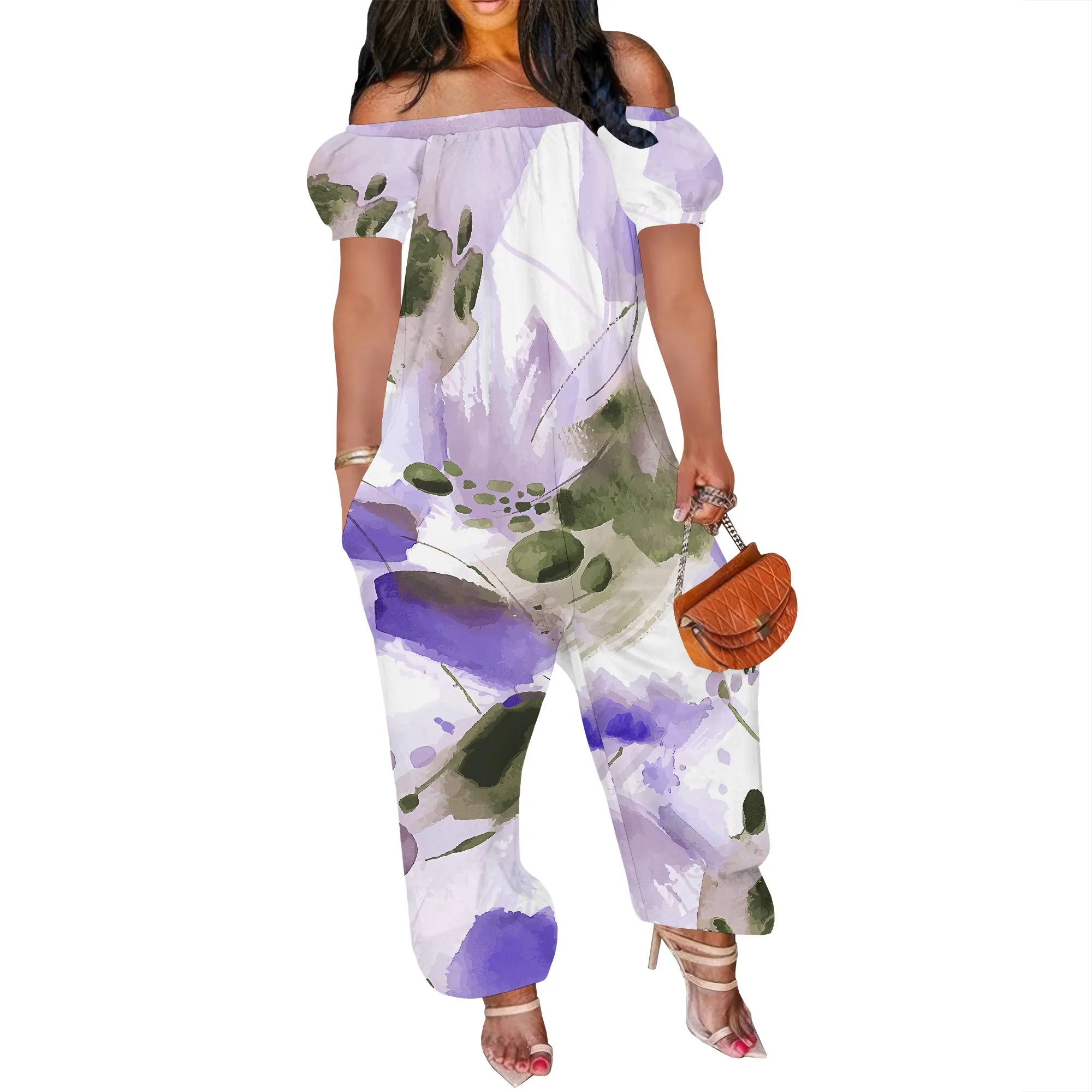 Women Casual Off The Shoulder Short-Sleeved Baggy Jumpsuits Casual Loose Wide Leg Romper with Pocket Floral