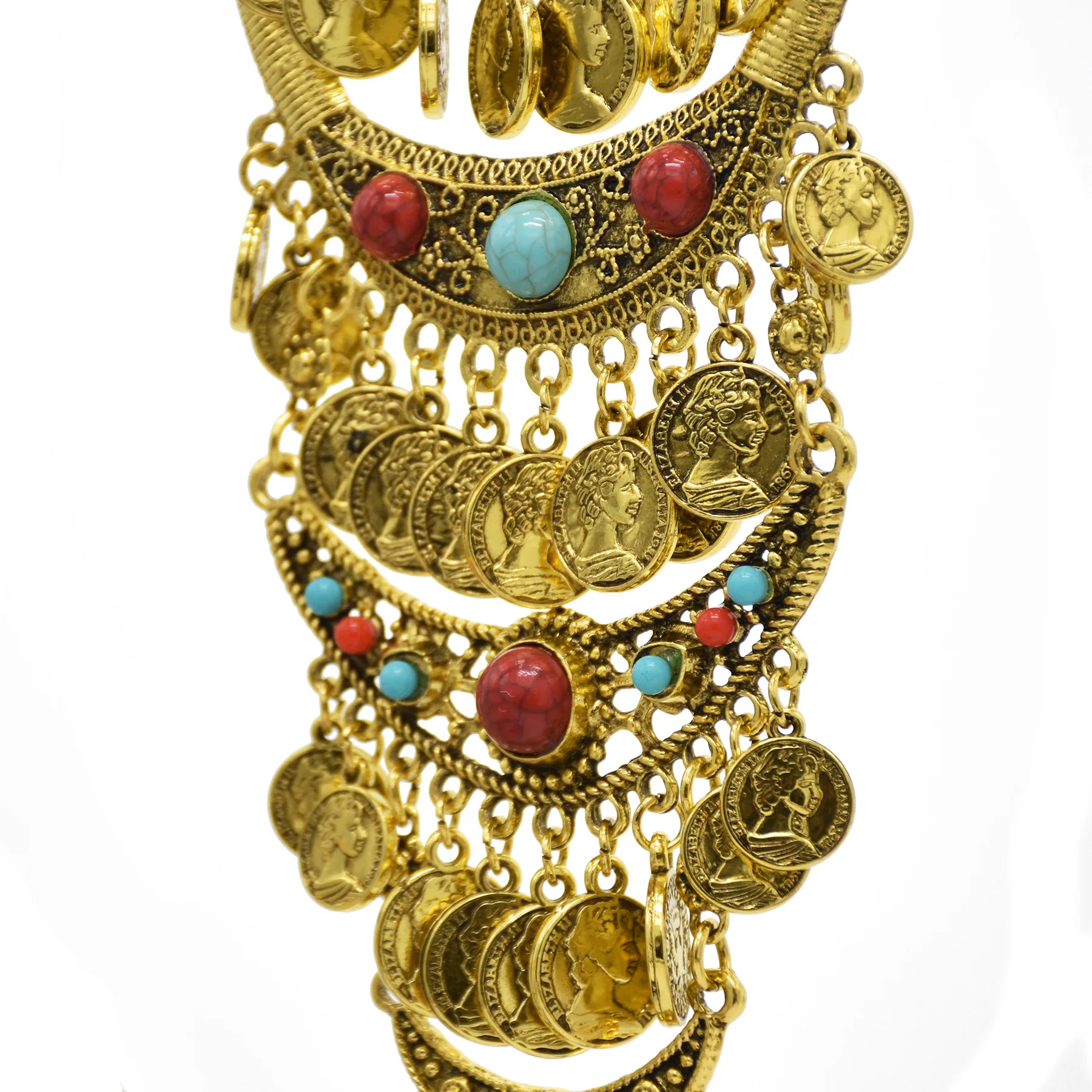 Vintage goldene silbrige Statement-Halskette für Frauen, bunte Strasssteine, lange Ketten, Halsketten, Gypsy, Boho, ethnischer Halsschmuck – Detail 30