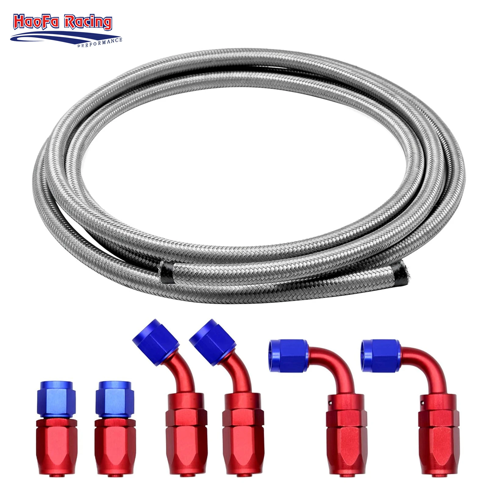 

HaoFa 12FT AN6 Fuel Line Hose 6an 3/8" Silver Stainless Steel Braided CPE Tube Oil Fuel Gas Hose 6 pcs Fitting Connectors