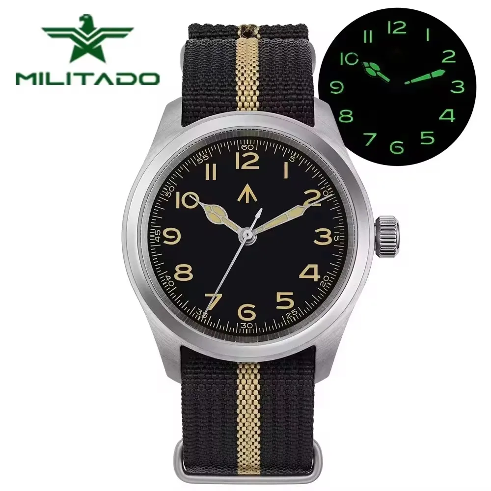 Militado ML08 Men Military Watch VH31 Quartz Movement Sapphire Luminous Waterproof Watches 38mm Vintage Stainless Steel Watch