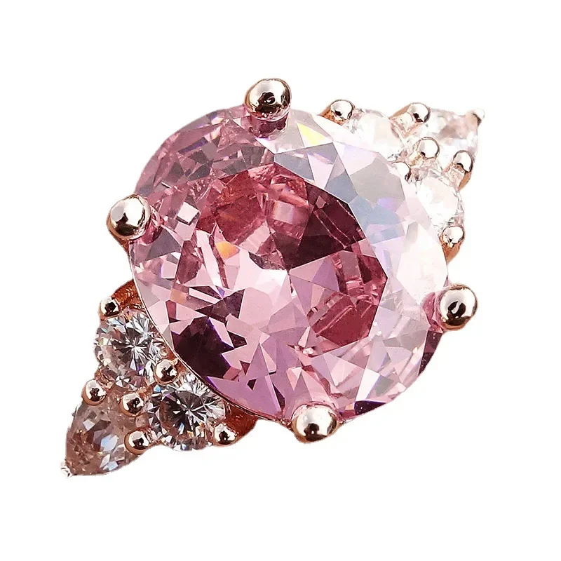 Big Oval Stone Pink Zircon Ring Female Luxury Crystal Engagement Rings For Women Vintage Rose Gold Silver Color Wedding Jewelry image 6