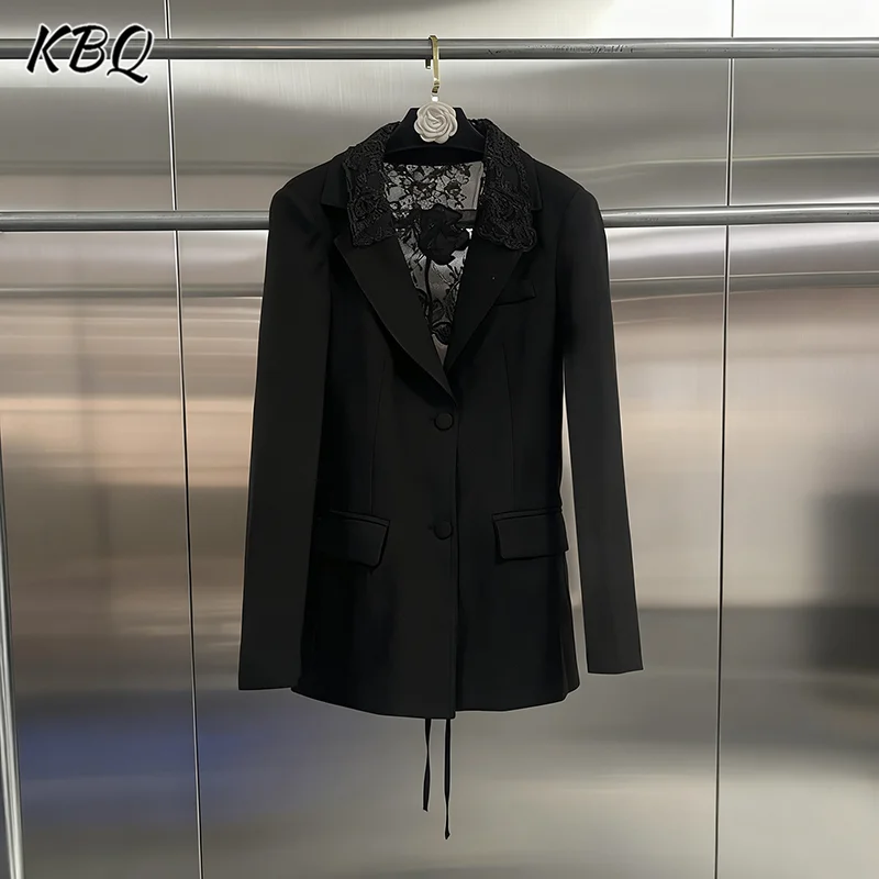 

KBQ однотонные ажурные кружевные шикарные куртки для женщин с лацканами и длинными рукавами в стиле пэчворк, утягивающий блейзер, женский модный стиль, новинка