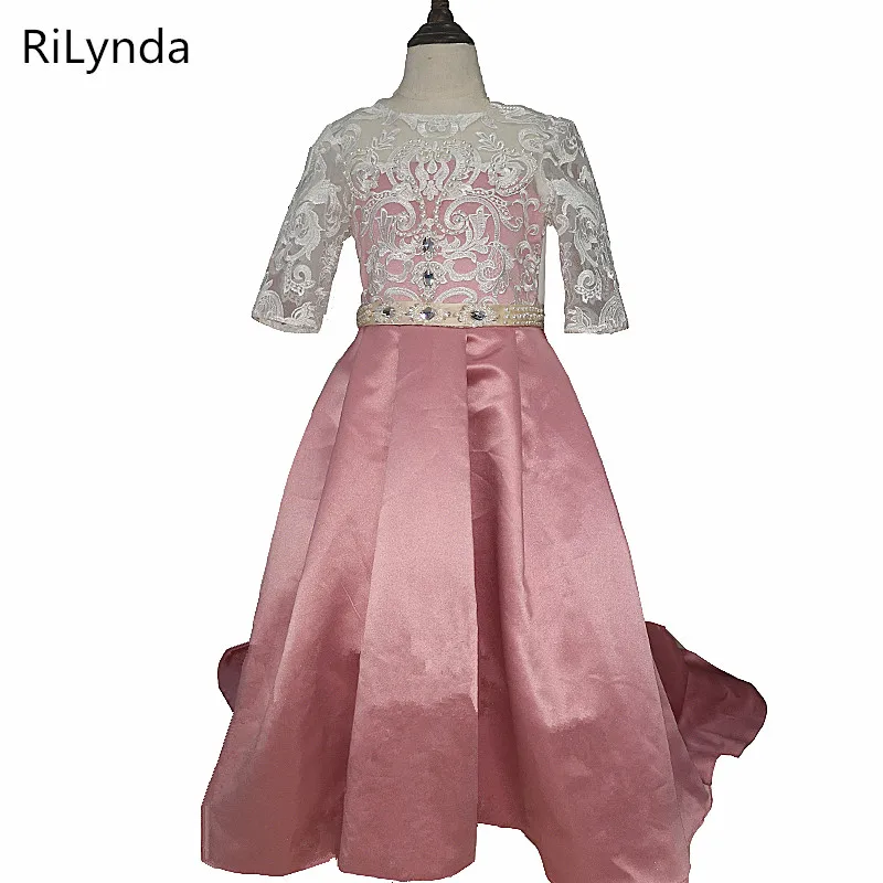 

Pink Satin Flower Girl Dress For Wedding Off Shoulder Applique Beading Elegant Birthday Pageant Gowns First Communion Dress