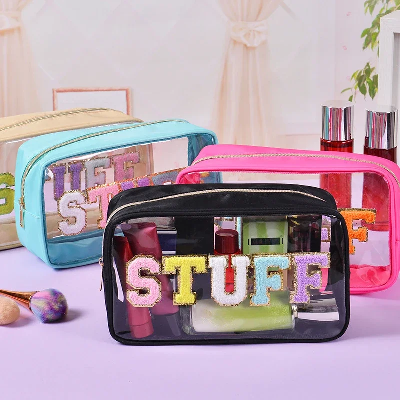 

PVC Embroidered Letter Transparent Bag Makeup Bag Wash Bag Waterproof Large Capacity Cosmetic Storage Bag Clear Bag