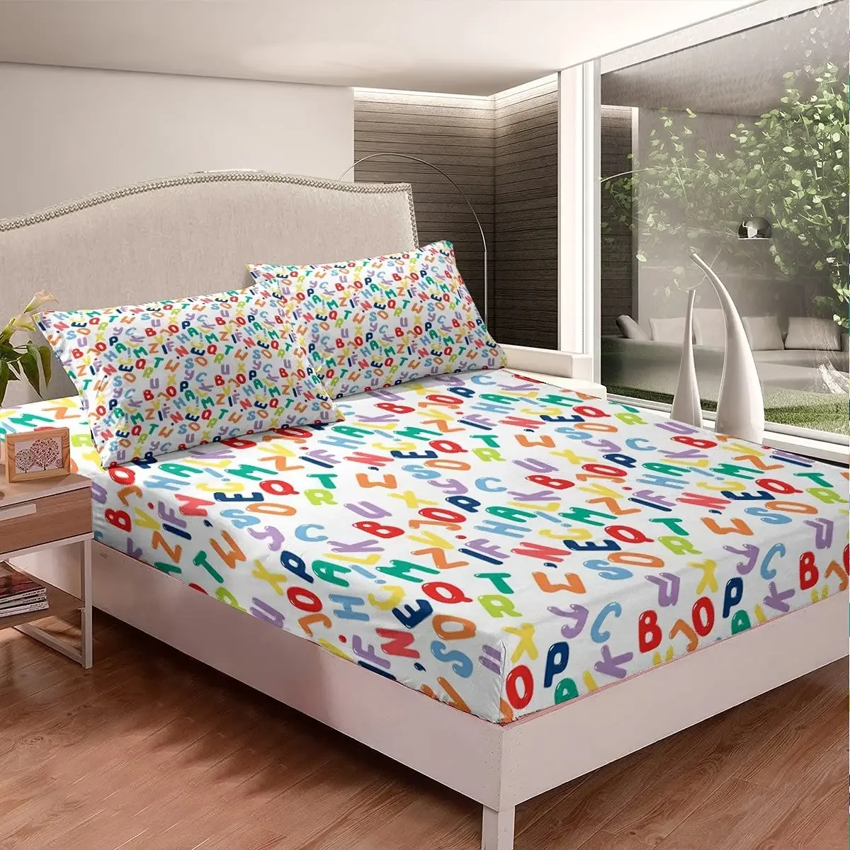 Alphabet Bedding Fitted Sheet Colorful English Alphabet Bedding Sheets for Kids Cartoon Bed Sheet Set Learning 26 Letters Decor