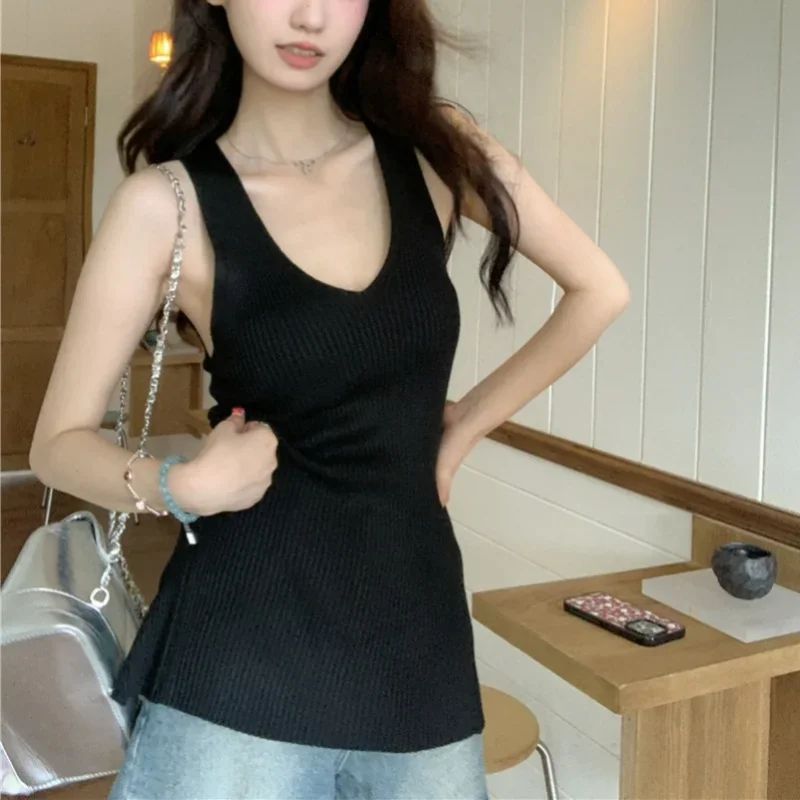 Tanques sólidos com decote em v feminino verão sexy senhoras elegantes topos projetados rendas sem costas streetwear férias moda coreana aconchegante