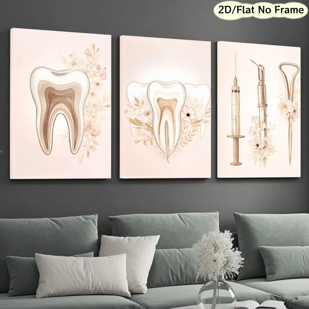 （NO Frame 3PCS）-2D Flat, 2D/FLAT Frameless, 3pcs Set Modern Tooth Anatomy and Dental Tools Chart, Suitable for Clinic Decorat