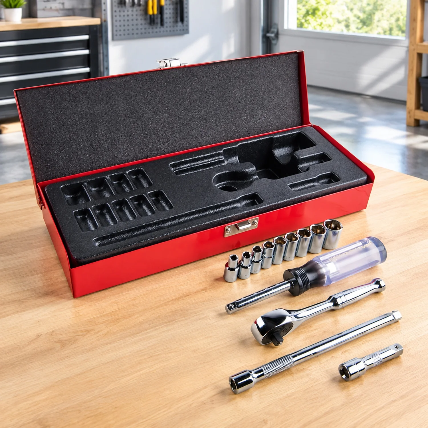 65500 1/4-Inch Drive Socket Wrench Set with Spinner Handle, Ratchet, and 2 Extensions, Case Included, 13-Piece