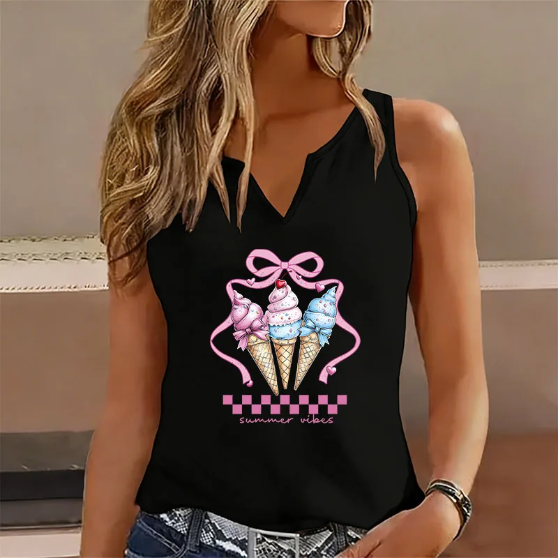 Y2k Ice Cream Sleeveless Tank Top T-shirt V Neck Casual Fashion Vest T Shirts Women Graphic Tee Shirt V-Neck