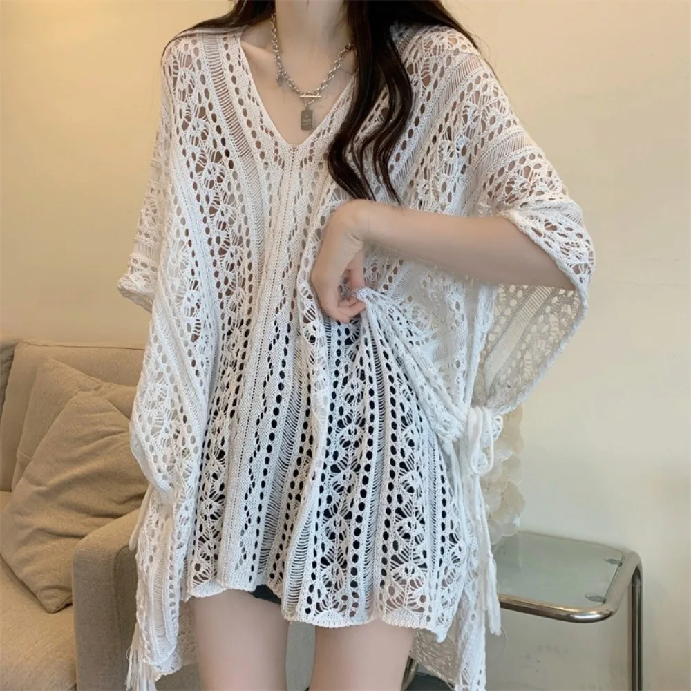 Oversized Hollow Out Swimsuit Cover Up Crochet Sweater V-neck Knitted Bikini Cover Up Fishing Net Bohemian Style Beach Wear