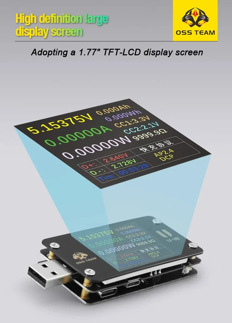 

OSS U18 Fast Charge Tester | USB-A Voltage/Amperage Meter | Support PD Fast Charge/0C2.0/0C3.0 Trigger Protocols