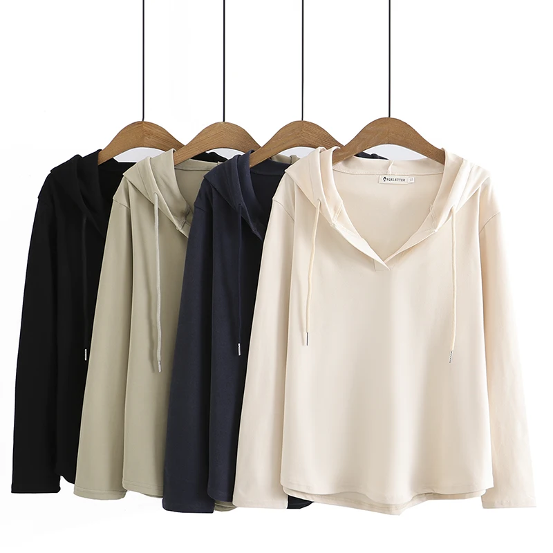 Fall Winter Ladies' New Hooded  Color Base Shirt plus Size Loose Velvet Large Size Sweatshirt Korean Style Commute Wind
