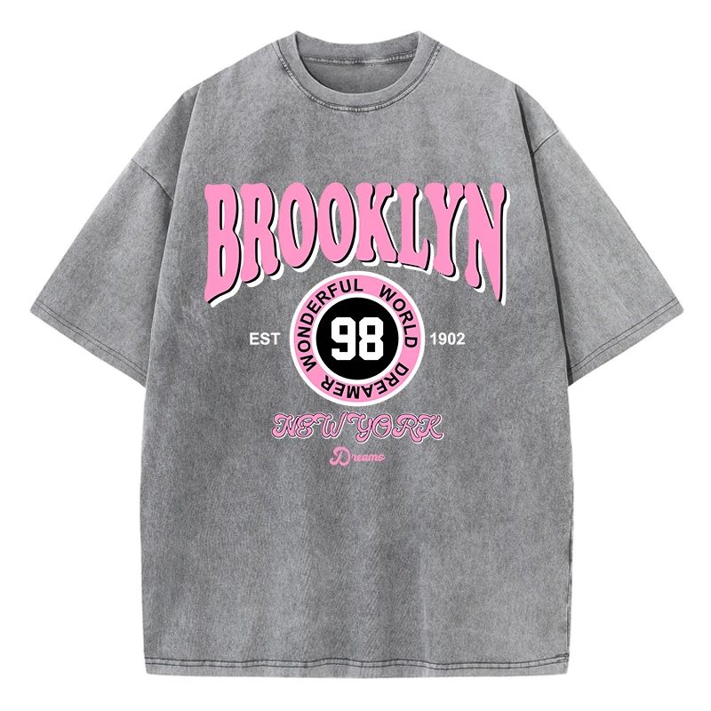 Fashion Women Washed T-Shirts Brooklyn Wonderful World Dreamer Printed Tee Shirts Cotton Oversize Crewneck Tees Street Clothes