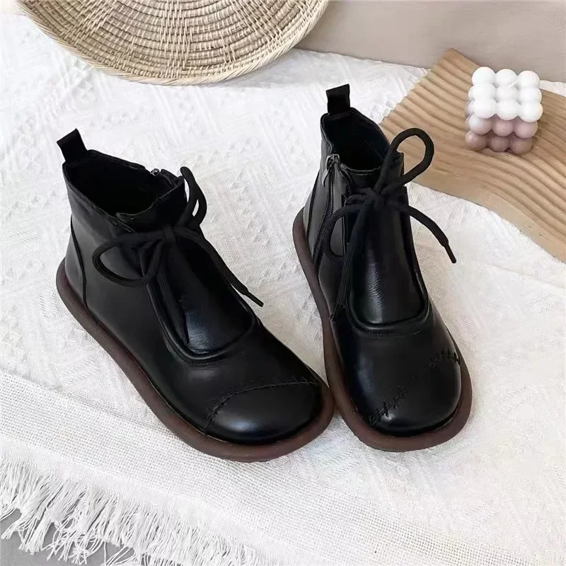 Forest Style Literary Flat Bottom Short Boots Plush Warm British Style Round Head Casual Ankle Boots Real Photo Female Boots