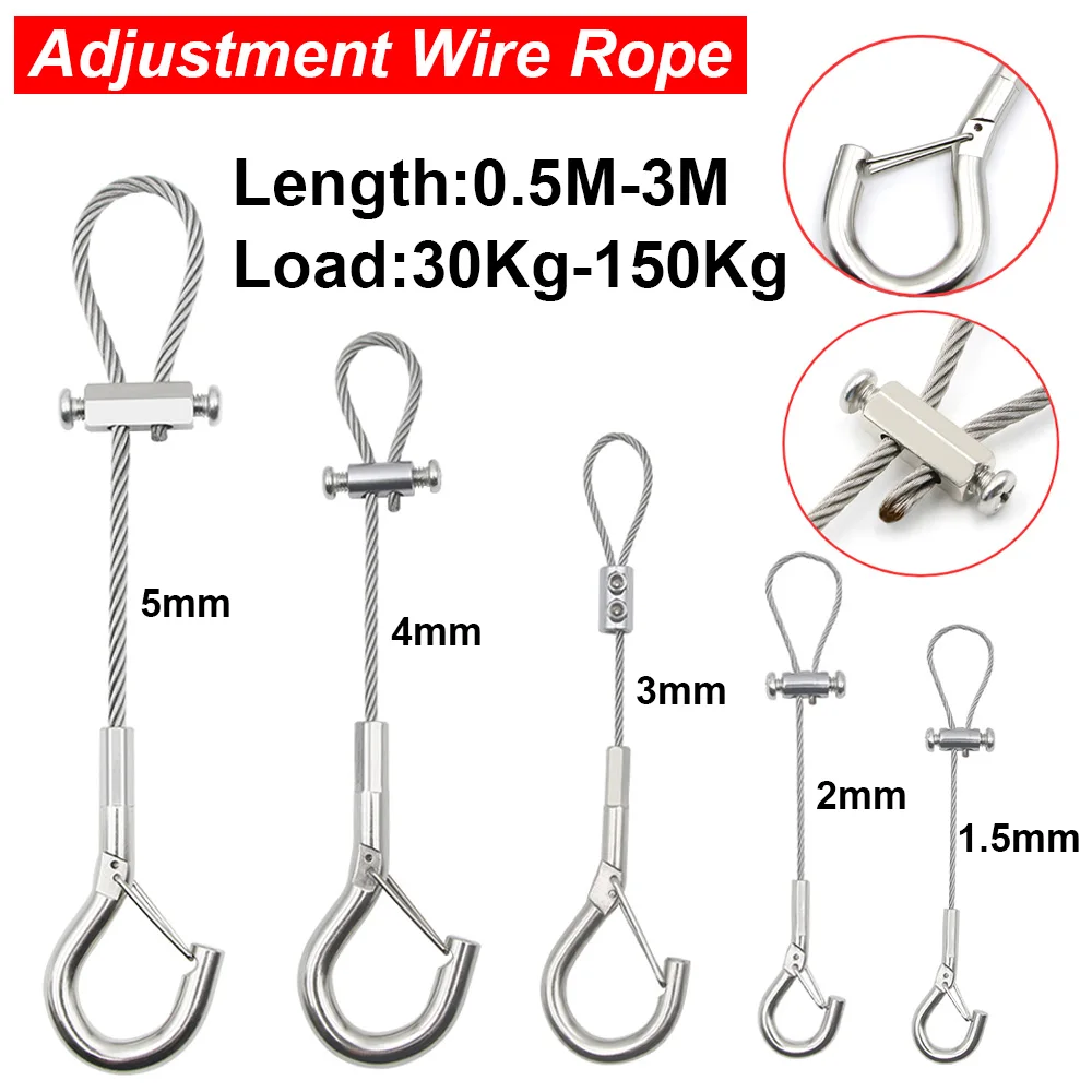 Load 30-150Kg Adjustable Stainless Steel Wire Rope with Spring Hook for Hang Billboard/Acrylic Board Fixed Hanging Rope Kit