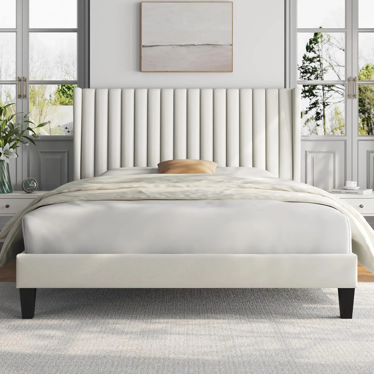 

Queen Bed Frame Upholstered Platform Bed with Fabric Headboard, Wing Edge Design/Non-Slip and Noise-Free/Wooden Slats