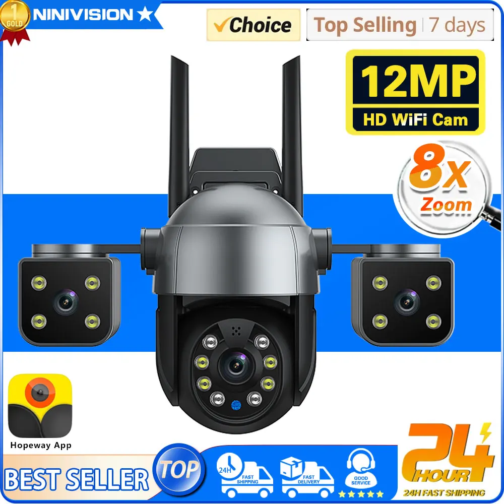 

12MP 6K Panoramic View Wifi Camera 3 lens 3 PTZ Outdoor Security Cam 360° No dead corners Auto Tracking CCTV Video Surveillance