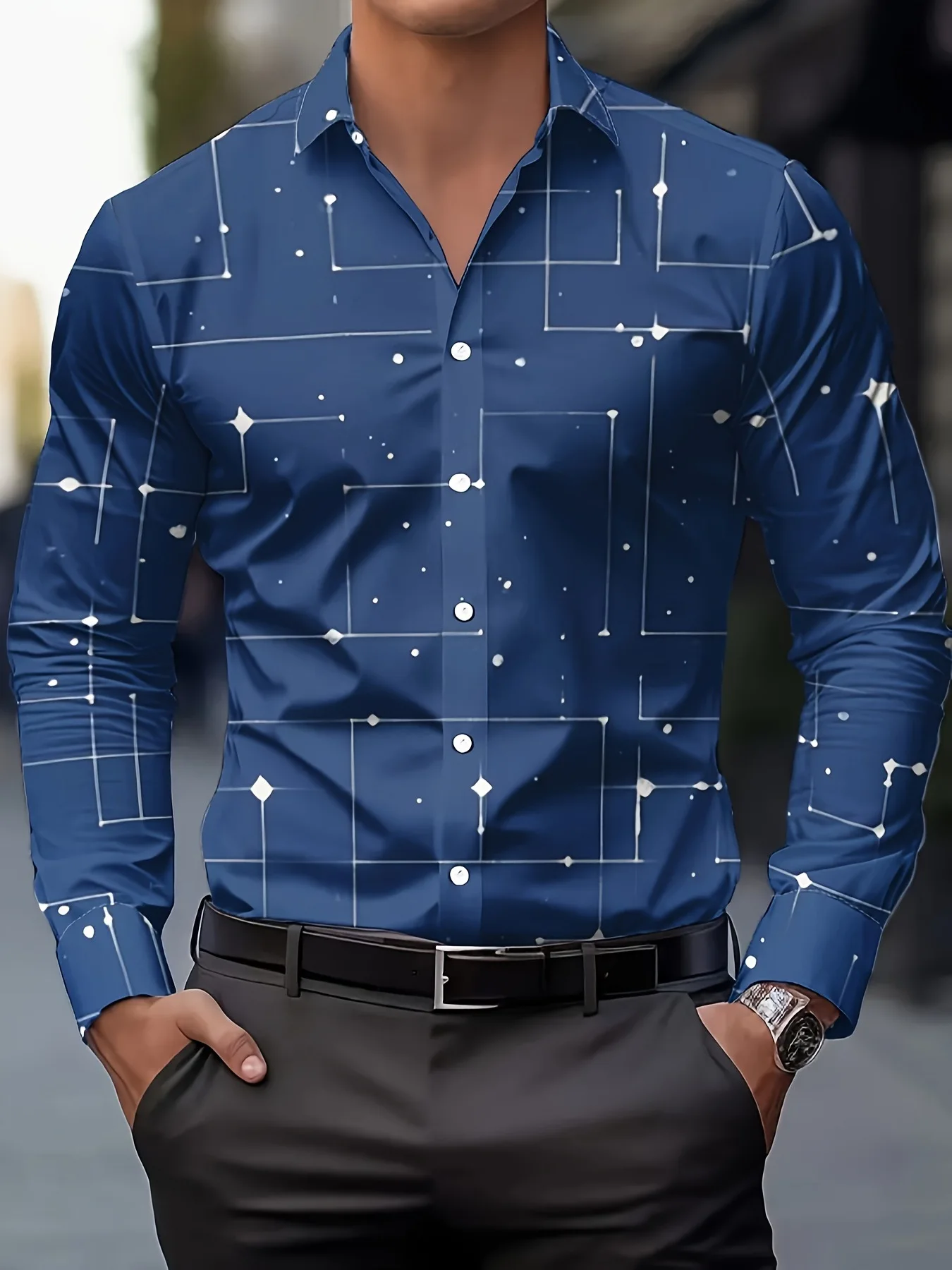 Trendy autumn and winter 3D printed men's simple and versatile striped design style men's slim fit casual lapel buckle comfortab