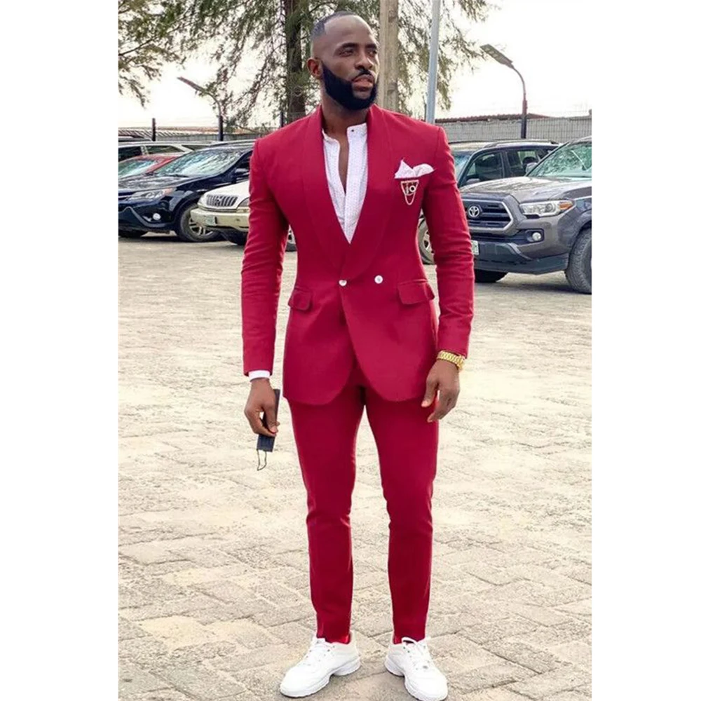

Handsome Red Men's Suits Double Breasted 2 Pieces Jacket Pants Blazers Sets Slim Fit Banquet Business Party Male Clothing