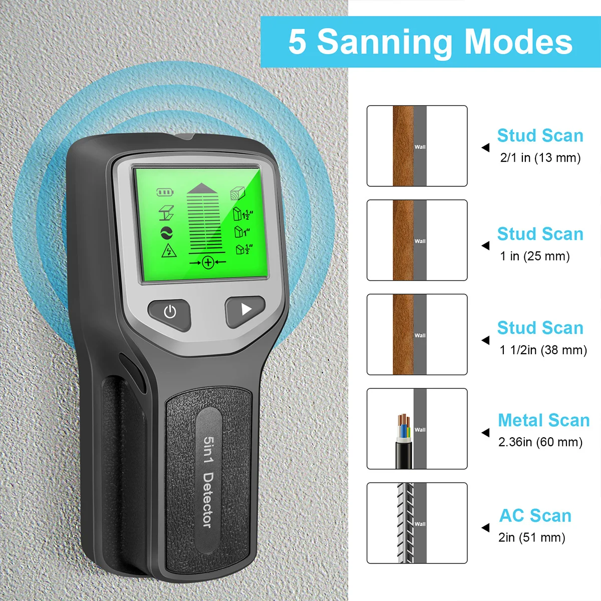 Stud Finder Sensor 5 in 1 Wall Scanner Locator Electronic Wall Detector with LCD Display for Wood AC Wire Metal Studs Detection