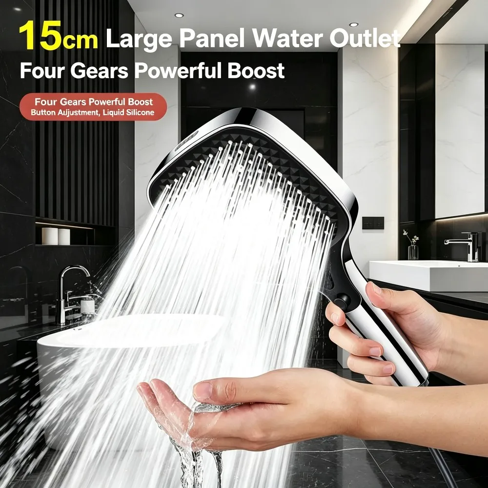 Square Multifunctional Handheld Shower Head with 4 Spray Modes High Pressure Boost Water Saving One-Touch Switch