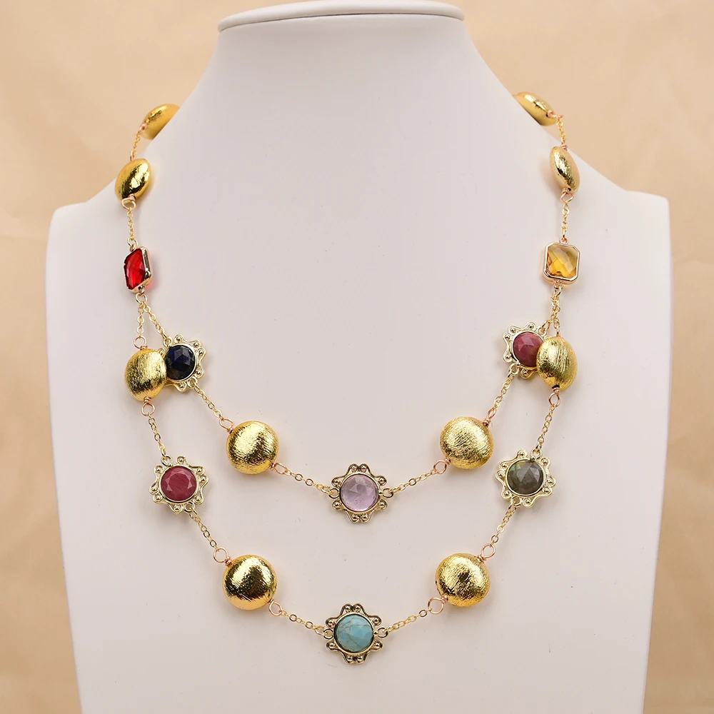 

GG 2 Rows Natural Stone Lapis lazuli Turquoise Amethyst Labradorite Coin Brushed Beads Necklace